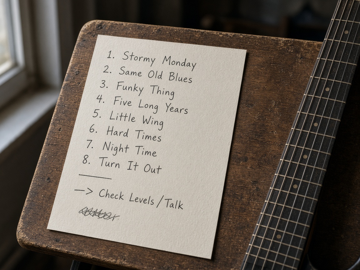 Setlist manuscrite près d’une guitare